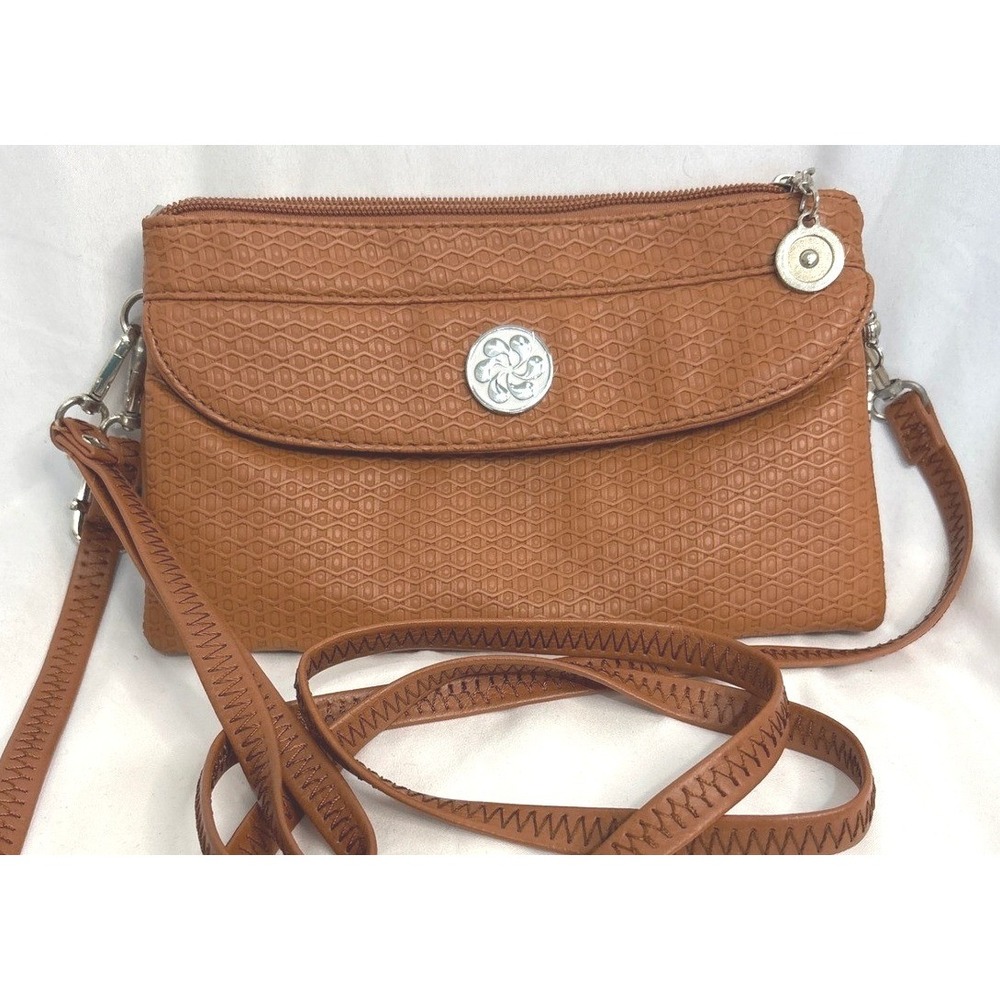 Angelkiss Cognac Brown Vegan Leather Textured Crossbody Bag Multi-Pocket Purse